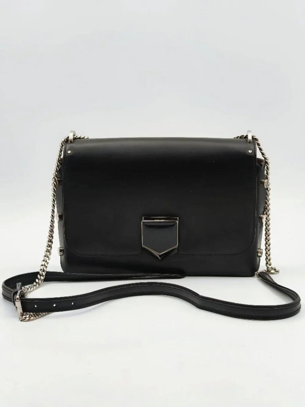 Jimmy Choo Black Leather Lockett Shoulder Bag Silver Chain Crossbody